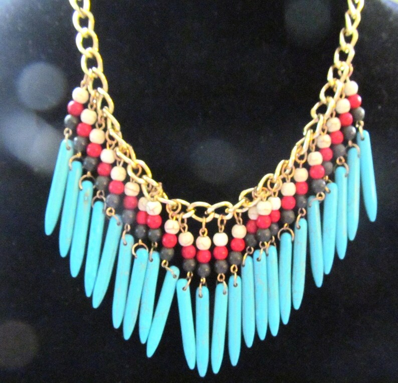 Statement Collar Beaded Necklace, Gold Tone Turquoise Color Beads image 6