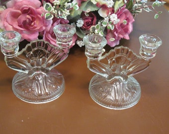 Vintage Double Candle Holders Iris & Herringbone by Jeanette Glass