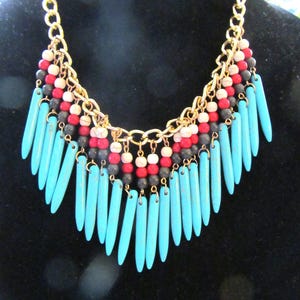 Statement Collar Beaded Necklace, Gold Tone Turquoise Color Beads image 3