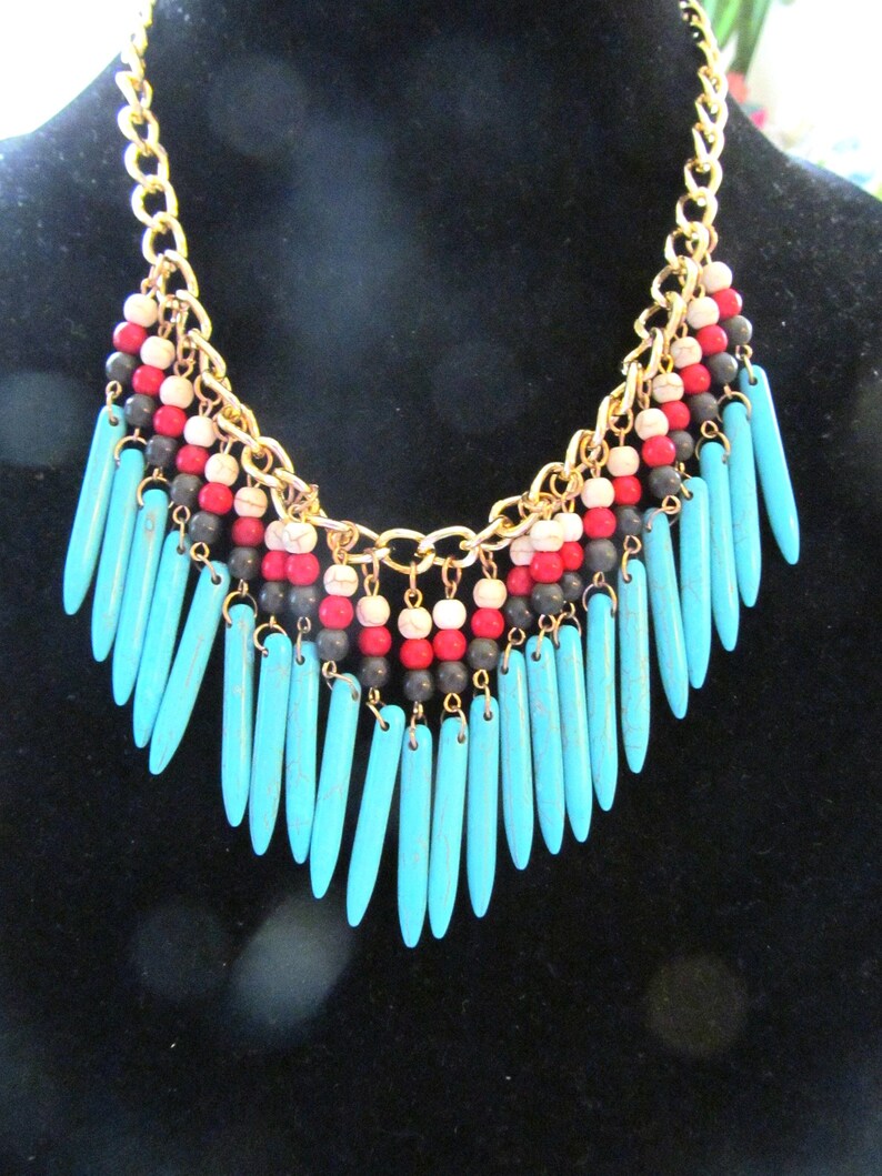 Statement Collar Beaded Necklace, Gold Tone Turquoise Color Beads image 3