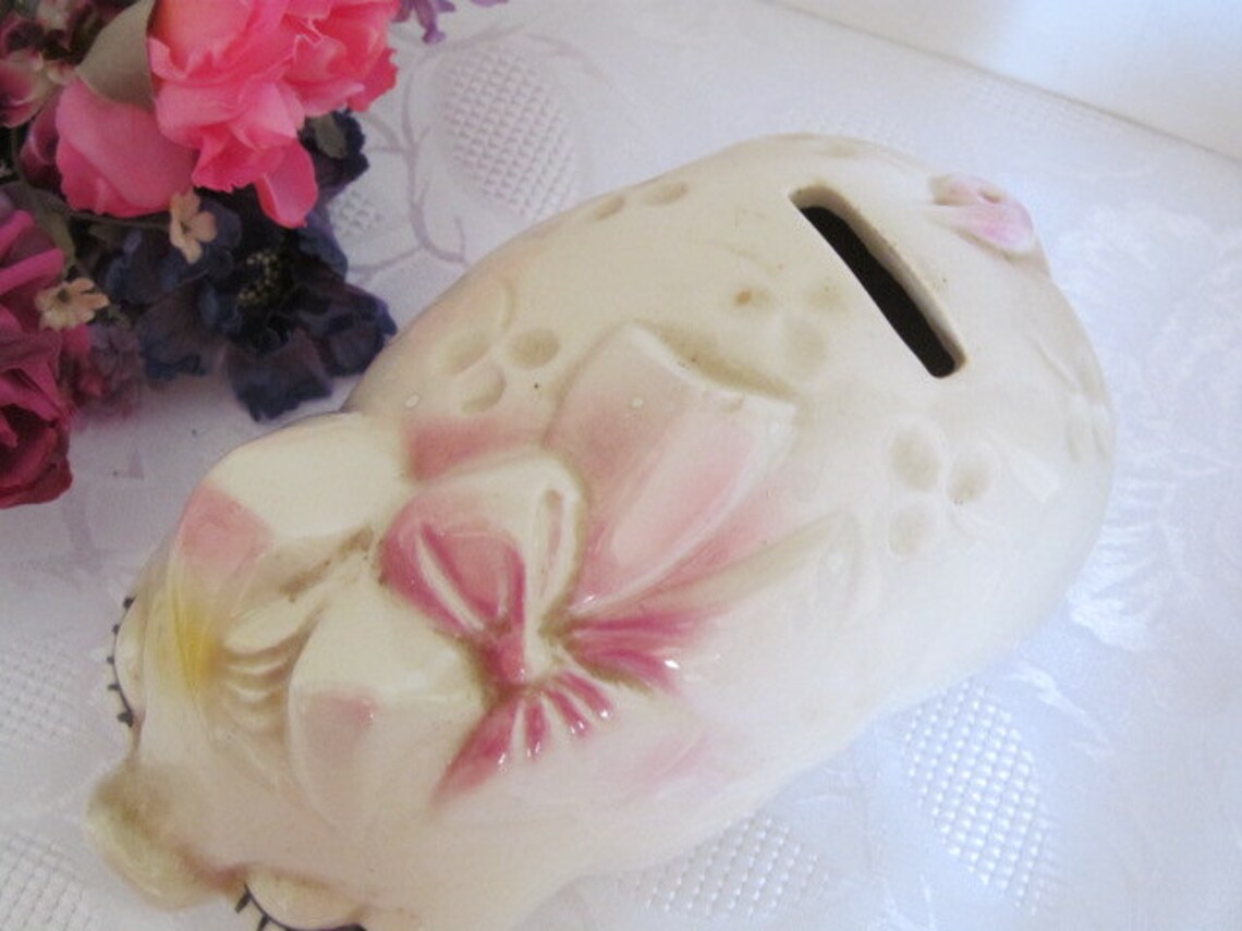 Vintage Ceramic Pig Piggy Bank Pink Bow Collectible Piggy Bank Etsy