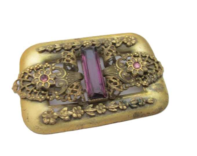 Vintage/Antique Nouveau Brass Brooch, Purple Glass Stone, Beaux Arts Victorian Brooch