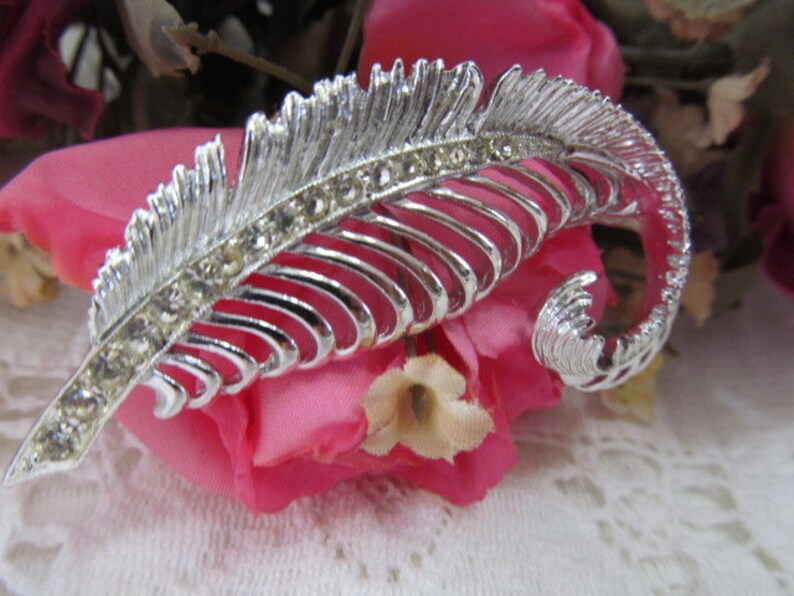 May include: A silver feather-shaped brooch with a row of clear rhinestones.