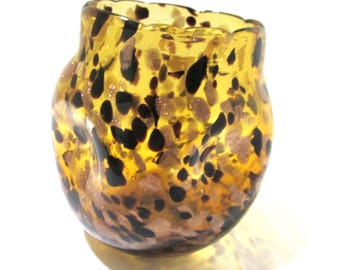 Tortoise Shell Pinched Glass Vase -Candle Holder Amber Gold Inclusions