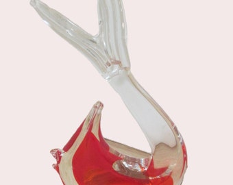 Red Clear Glass Fish Figurine Paperweight, Curved Tail 8.25 inch tall