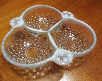 Vintage Blue Moonstone Anchor Hocking Three Part Cloverleaf Relish Condiment Dish