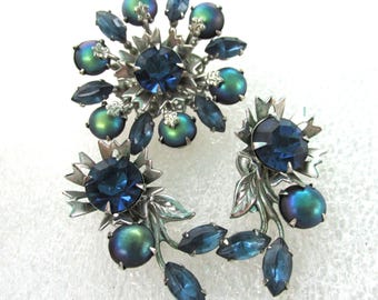 Vintage Brooch Earrings Set Demi Parure, Clip Earrings, Pin, Blue Silver Tone