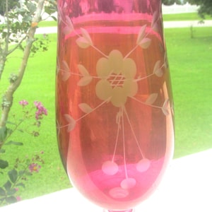 Cranberry Glass Footed Vase Cut to Clear Floral Etched Design Vintage