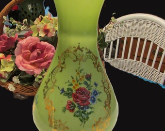 Vintage Bohemian Green Floral Glass Vase Gold Trim 12.5"