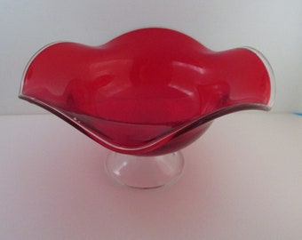 Vintage Deep Red Art Glass Compote / Bowl, Fruit Bowl, Pedestal, Vintage Red to Clear