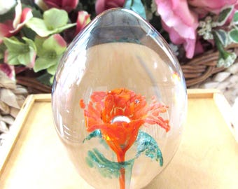 Egg Shape Glass Flower Paperweight, Orange Flower Green Leaves
