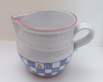 Portugal Red Clay Wine Pitcher Blue Pink Floral Checker Pattern