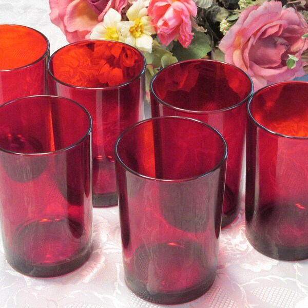 Ruby Red Drinking Glasses, 16 oz, Luminarc Arcoroc France, Set of 6