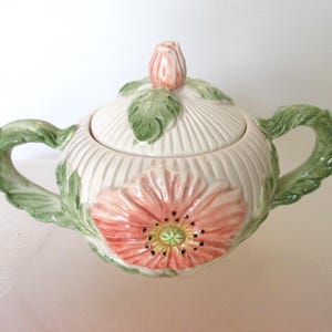 Vintage Fitz & Floyd Ceramic Sugar Bowl with Lid, Pink Floral Design