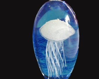 Art Glass Blue White Jellyfish Paperweight Tropical Ocean