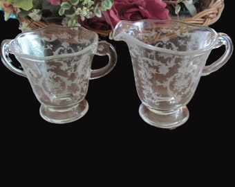 Fostoria Navarre Etched Glass Floral Creamer Sugar Set Vintage