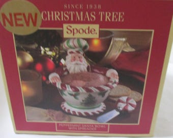 Spode Christmas Tree Peppermint Santa Bowl with Spreader New Old Stock Since 1938