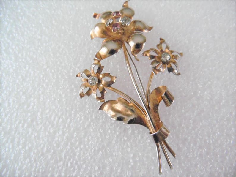 Purple Clear Rhinestones Pin Vintage Sterling Flower Brooch