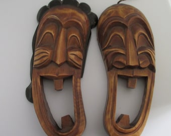 Hand Carved Wood Smiling Shoe Masks, Pair, Oriental Decor