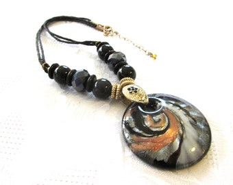 Beaded Pendant Necklace Choker, 17" Necklace, Black Copper Silver Color