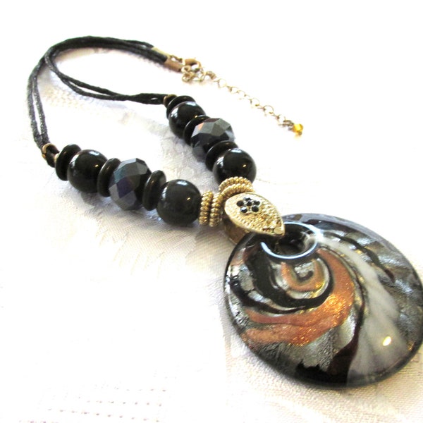 Beaded Pendant Necklace Choker, 17" Necklace, Black Copper Silver Color