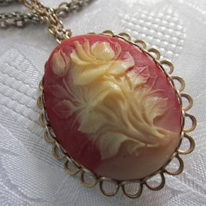 Vintage carved Floral Cameo Style Brooch with Chain Gold Tone