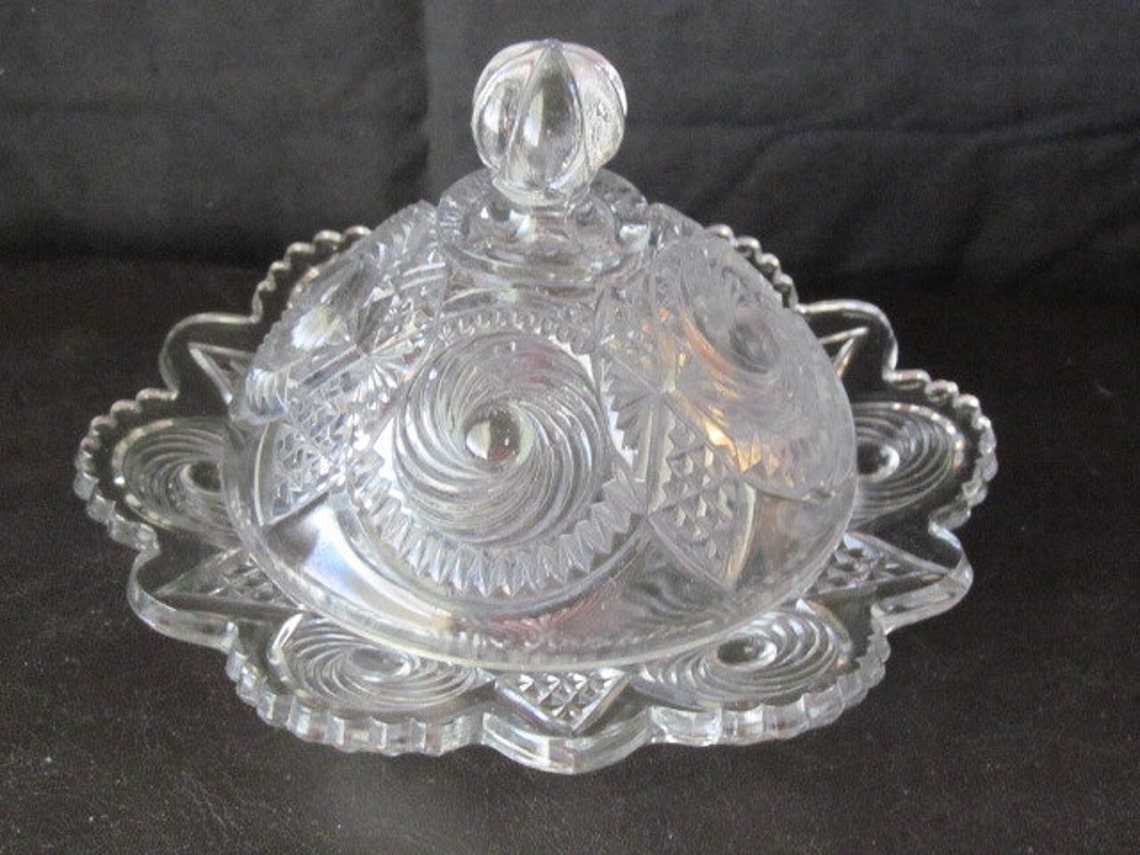 Vintage Round Domed Glass Butter Dish Scalloped Edge Swirl Etsy
