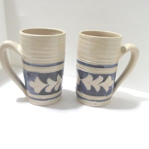 Williamsburg Salt Glaze Pottery Mugs, Steins, Set of Two, Cobalt Blue Design, Vintage Pottery Drinkware