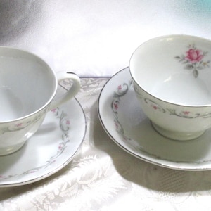 Vintage Royal Swirl Japan Fine China Teacup & Saucer Set, Platinum Trim, Pink Rose Design, Set of 2