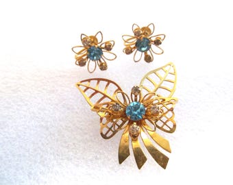 Vintage B.N. Brooch Earrings Set, Demi Parure Blue Rhinestones Gold tone