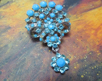 Blue Rhinestone Brooch Pin Pendant Silver Tone Metal Vintage Dangle