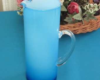Aqua Blue Cased Glass Hand Blown Pitcher, Clear Handle, Pinched Lip