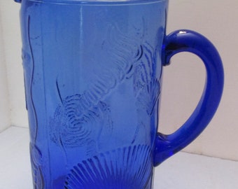 Cobalt Blue Glass Seashell Pitcher Carafe, Holds 8 Cups, 8.5" Tall