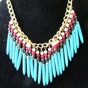 Statement Collar Beaded Necklace, Gold Tone Turquoise Color Beads image 2