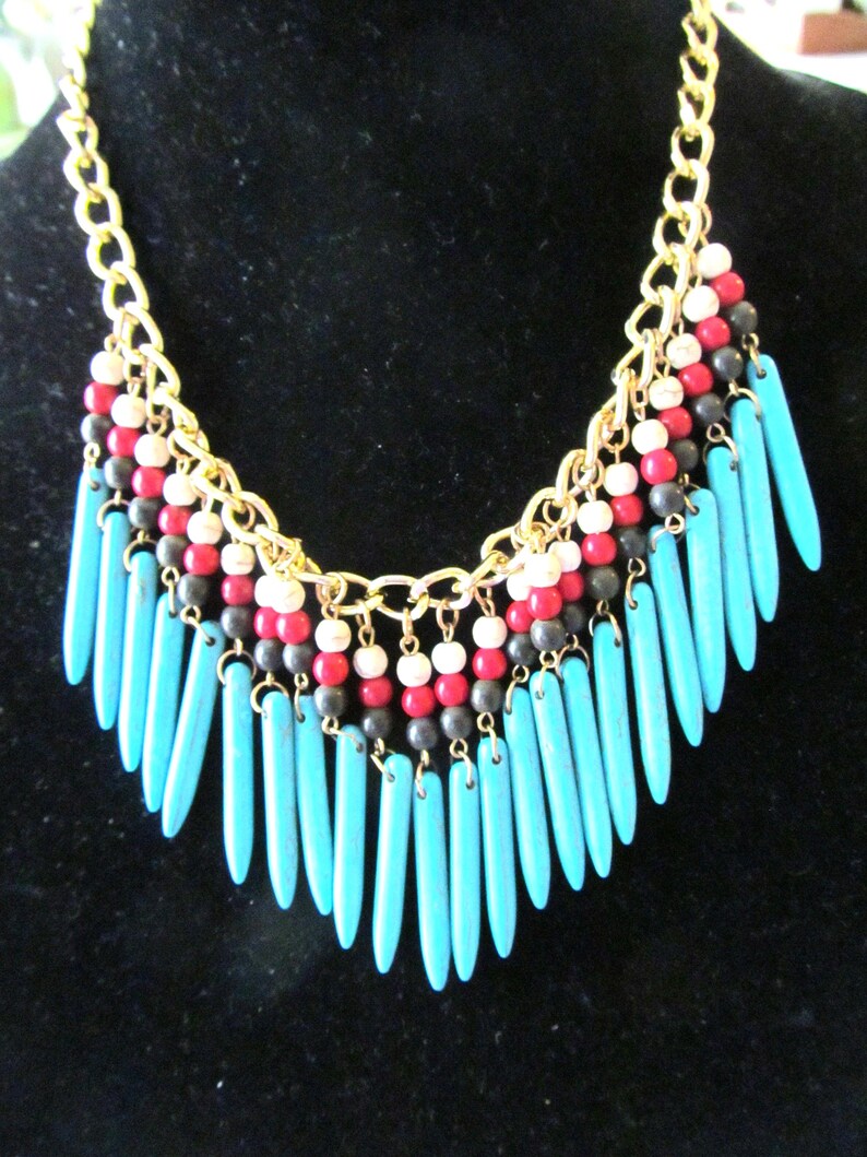 Statement Collar Beaded Necklace, Gold Tone Turquoise Color Beads image 2