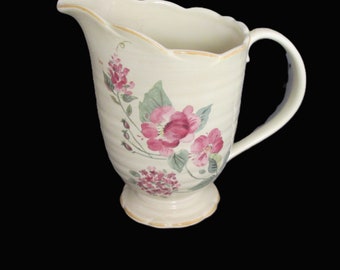Pfaltzgraff Silk Rose Pottery Pitcher 64 oz, Floral Design, Scalloped Edge
