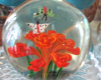 Glass Paperweight: Orange Flower, Butterfly, Floral Scene – Vintage Decor