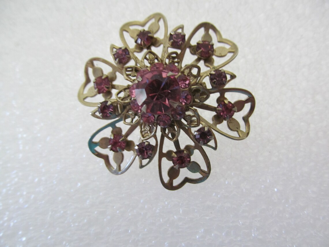 Vintage Pink Rhinestone Flower Brooch Pink Rhinestone Pin Etsy