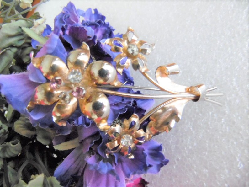 Purple Clear Rhinestones Pin Vintage Sterling Flower Brooch