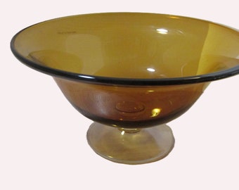 Amber and Clear Glass Fruit Bowl, Centerpiece, Hand Made in Poland