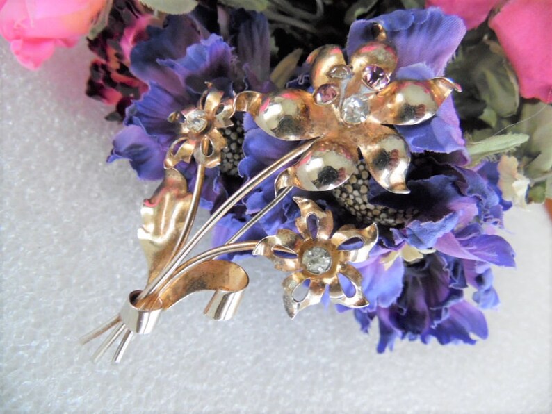 Purple Clear Rhinestones Pin Vintage Sterling Flower Brooch