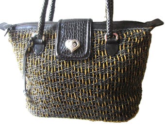 Brighton Woven and Leather Double-Handle Handbag in Black and Tan.