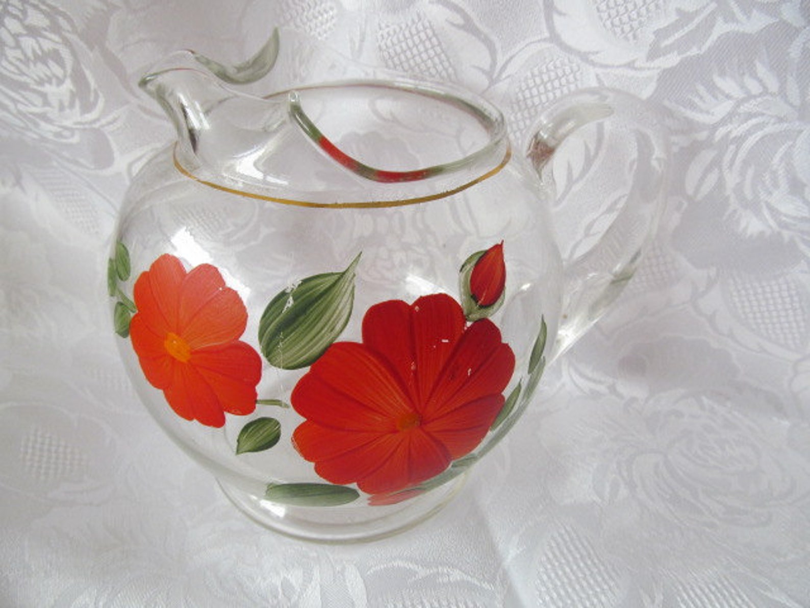 Vintage Small Glass Juice Pitcher Hand Painted Floral Design Etsy