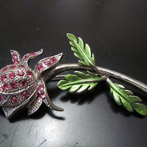 Pink Rhinestone Rose Brooch Pin Green Enamel Silver Tone Vintage
