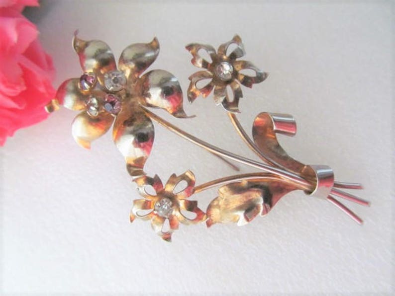 Purple Clear Rhinestones Pin Vintage Sterling Flower Brooch