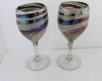 Purple White Iridescent Swirl Wine Glasses Set of Two, 12 oz