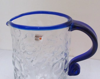 Blenko Handmade Glass Pitcher, 1997 Crystal Cobalt Blue 50 oz. # 9428