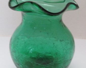 Vintage Ruffled Green Crackle Glass Vase