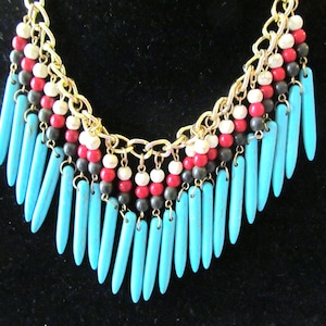 Statement Collar Beaded Necklace, Gold Tone Turquoise Color Beads image 1