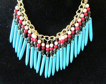 Statement Collar Beaded Necklace, Gold Tone Turquoise Color Beads